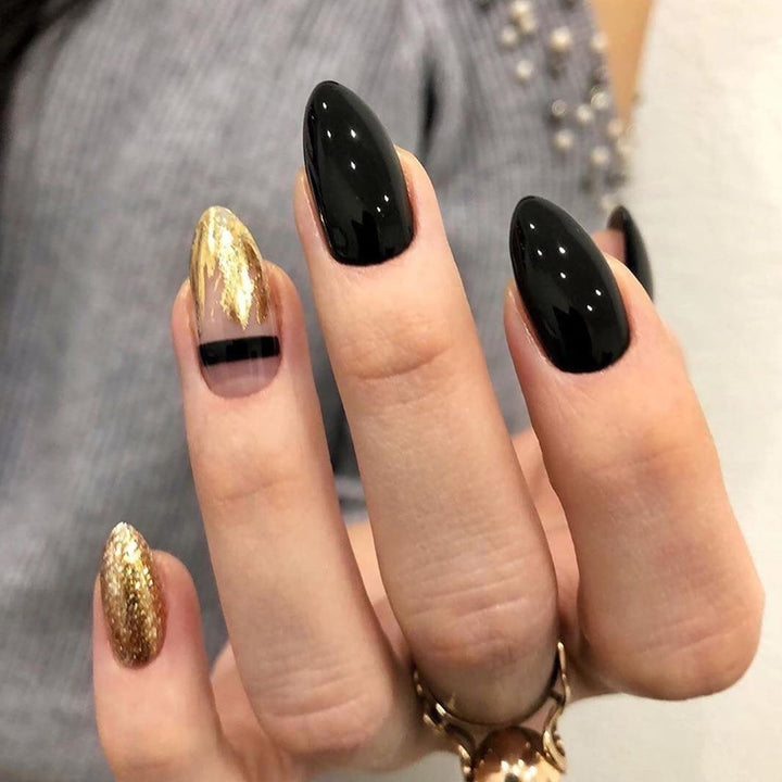 Black Gold Glitter Pointed Wear Nail Art Finished Fake Nails - Harmonifa