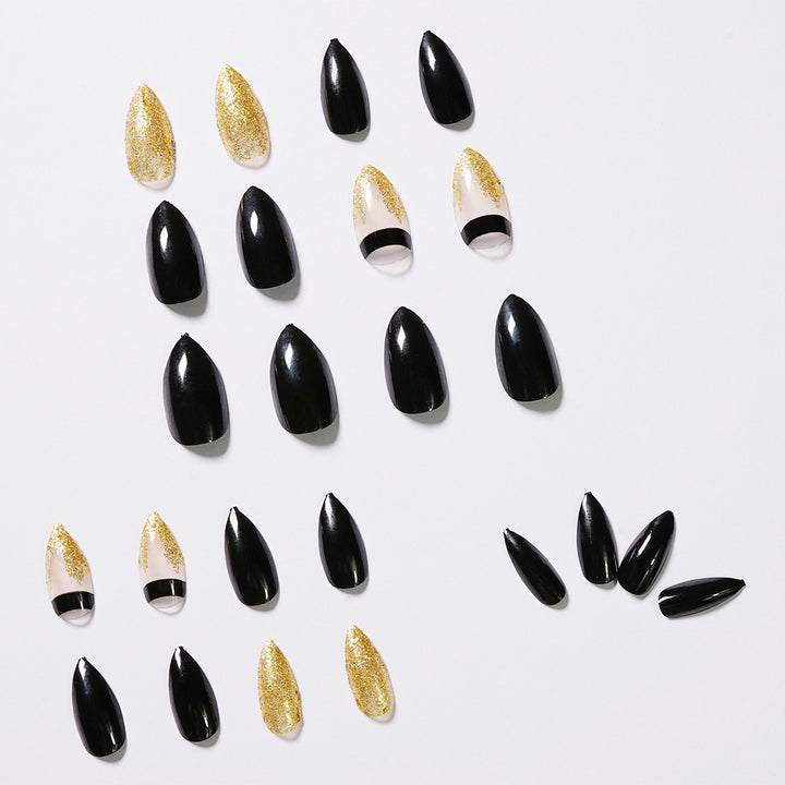 Black Gold Glitter Pointed Wear Nail Art Finished Fake Nails - Harmonifa