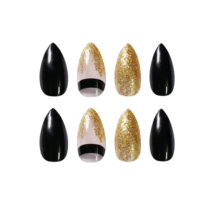 Black Gold Glitter Pointed Wear Nail Art Finished Fake Nails - Harmonifa