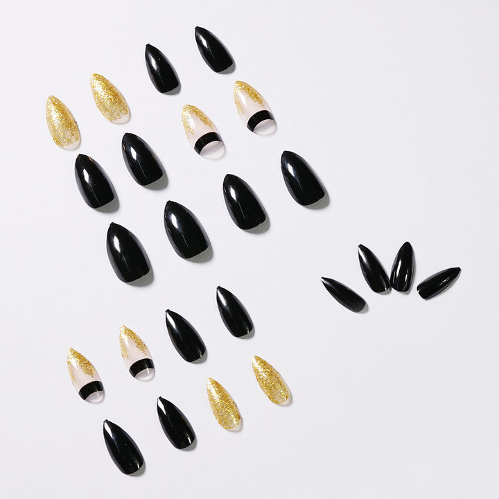 Black Gold Glitter Pointed Wear Nail Art Finished Fake Nails - Harmonifa