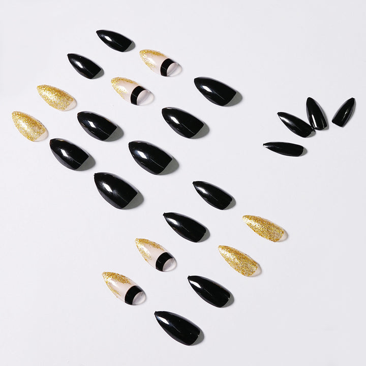 Black Gold Glitter Pointed Wear Nail Art Finished Fake Nails - Harmonifa