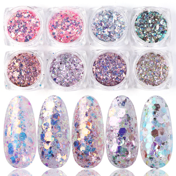 8 Box Mix Glitter Nail Art Powder Flakes Set - Harmonifa