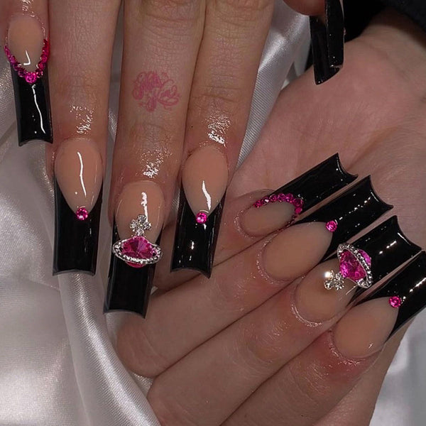 Wear Armor French Black Edge Nail Shaped Piece Queen Mother Rose Rhinestone Fake Nails - Harmonifa