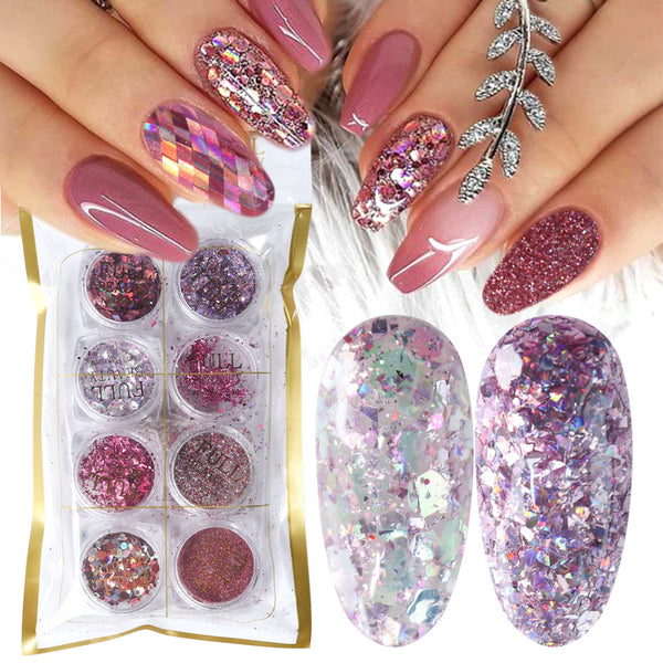 8 Box Mix Glitter Nail Art Powder Flakes Set - Harmonifa